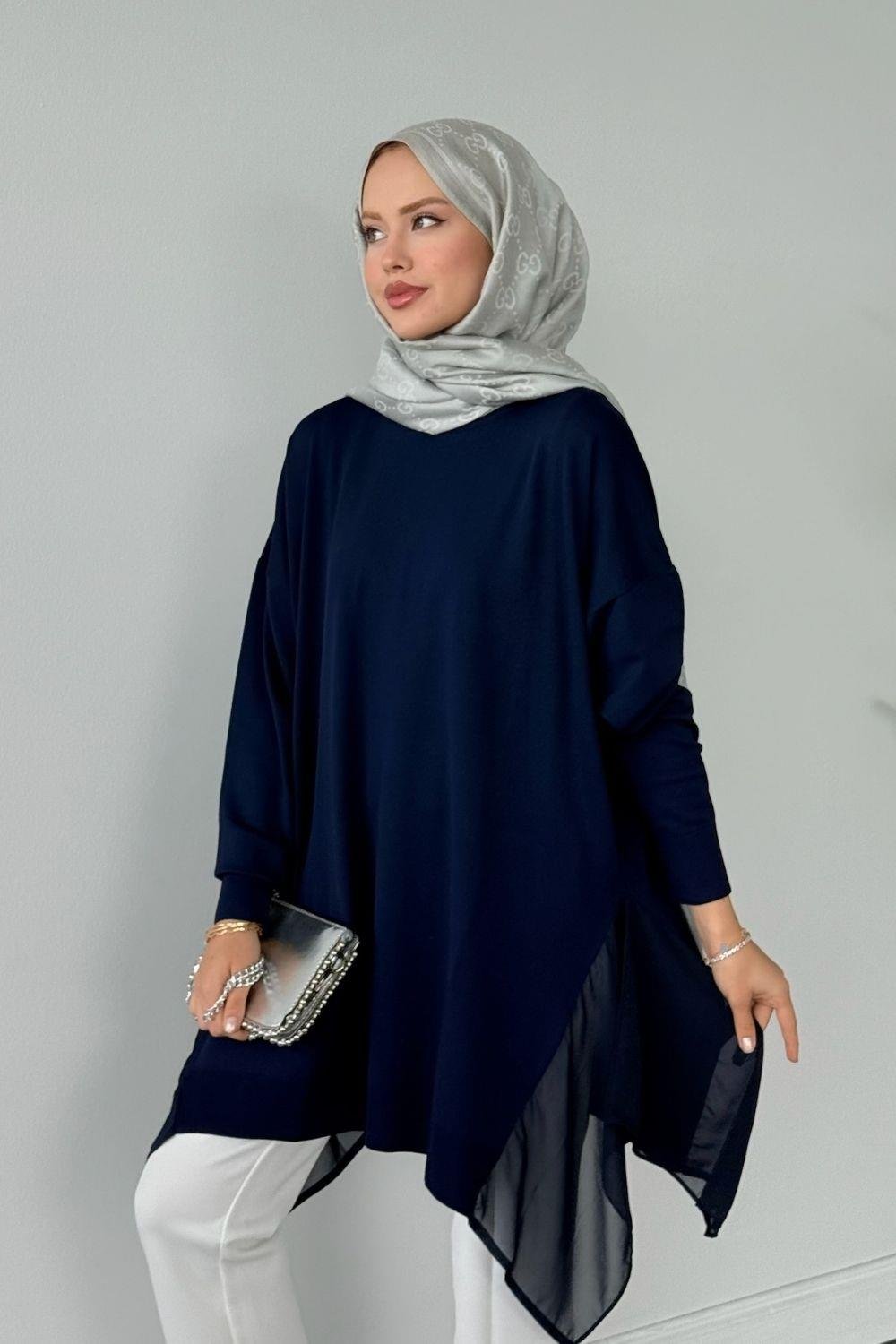 Merserize Yan Şifon Tunik Lacivert 24290 
