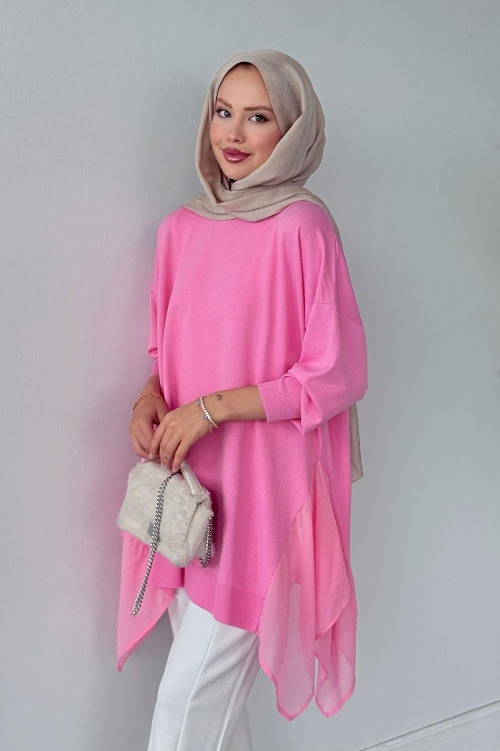 Merserize Yan Şifon Tunik Pembe 24290 