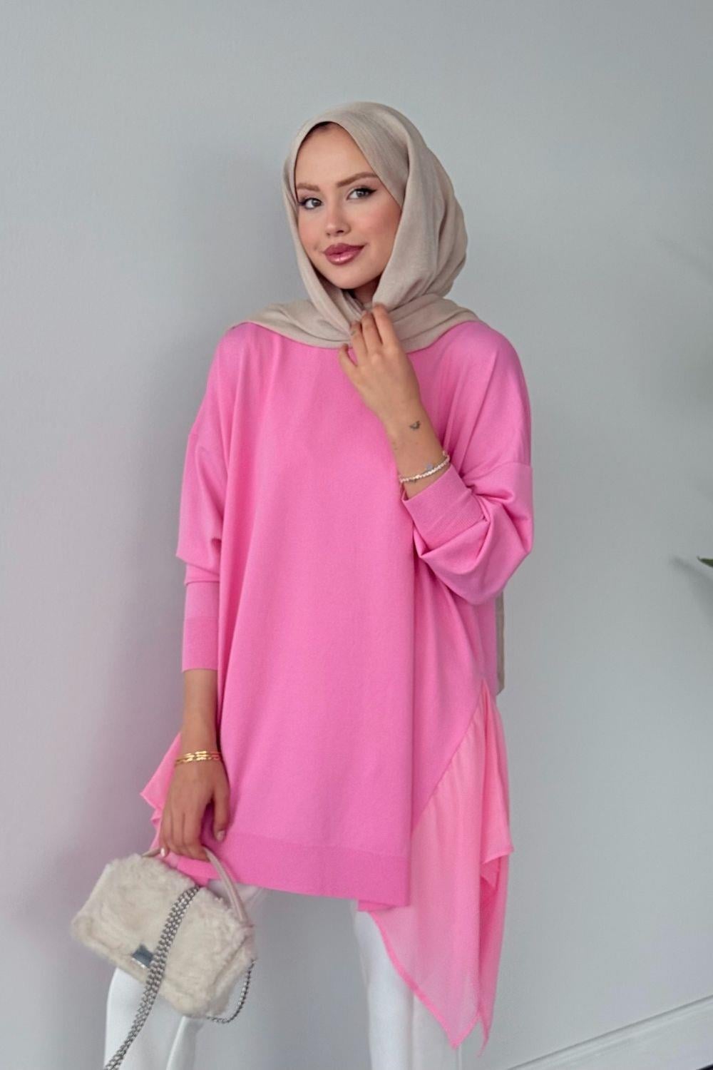 Merserize Yan Şifon Tunik Pembe 24290 
