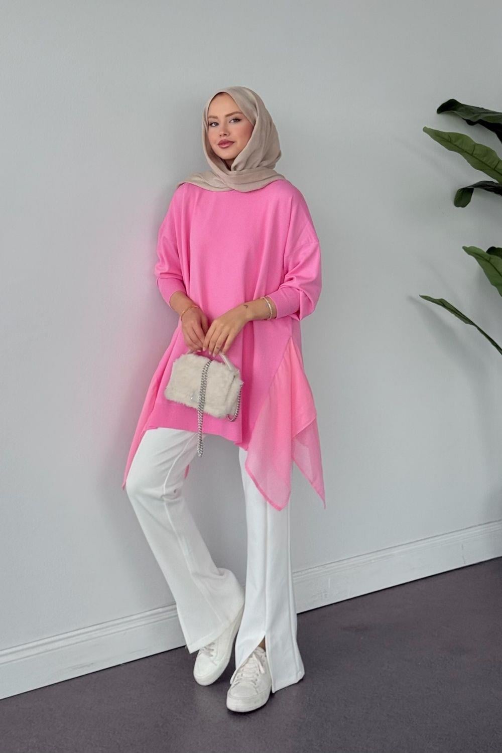 Merserize Yan Şifon Tunik Pembe 24290 