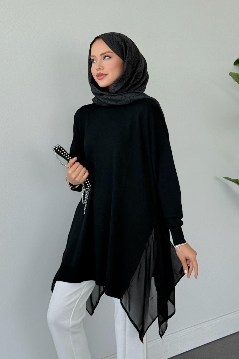 Merserize Yan Şifon Tunik Siyah 24290 
