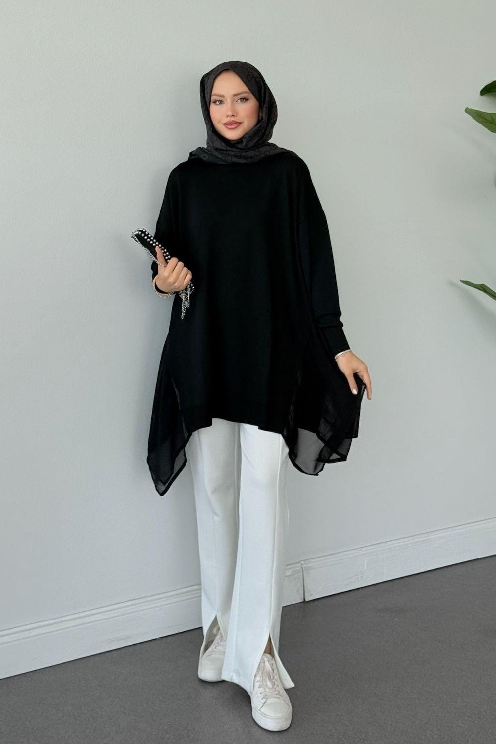 Merserize Yan Şifon Tunik Siyah 24290 