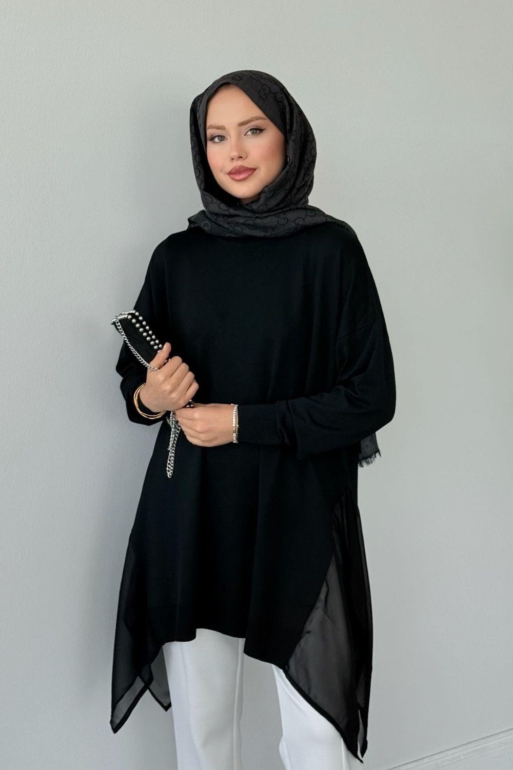 Merserize Yan Şifon Tunik Siyah 24290 