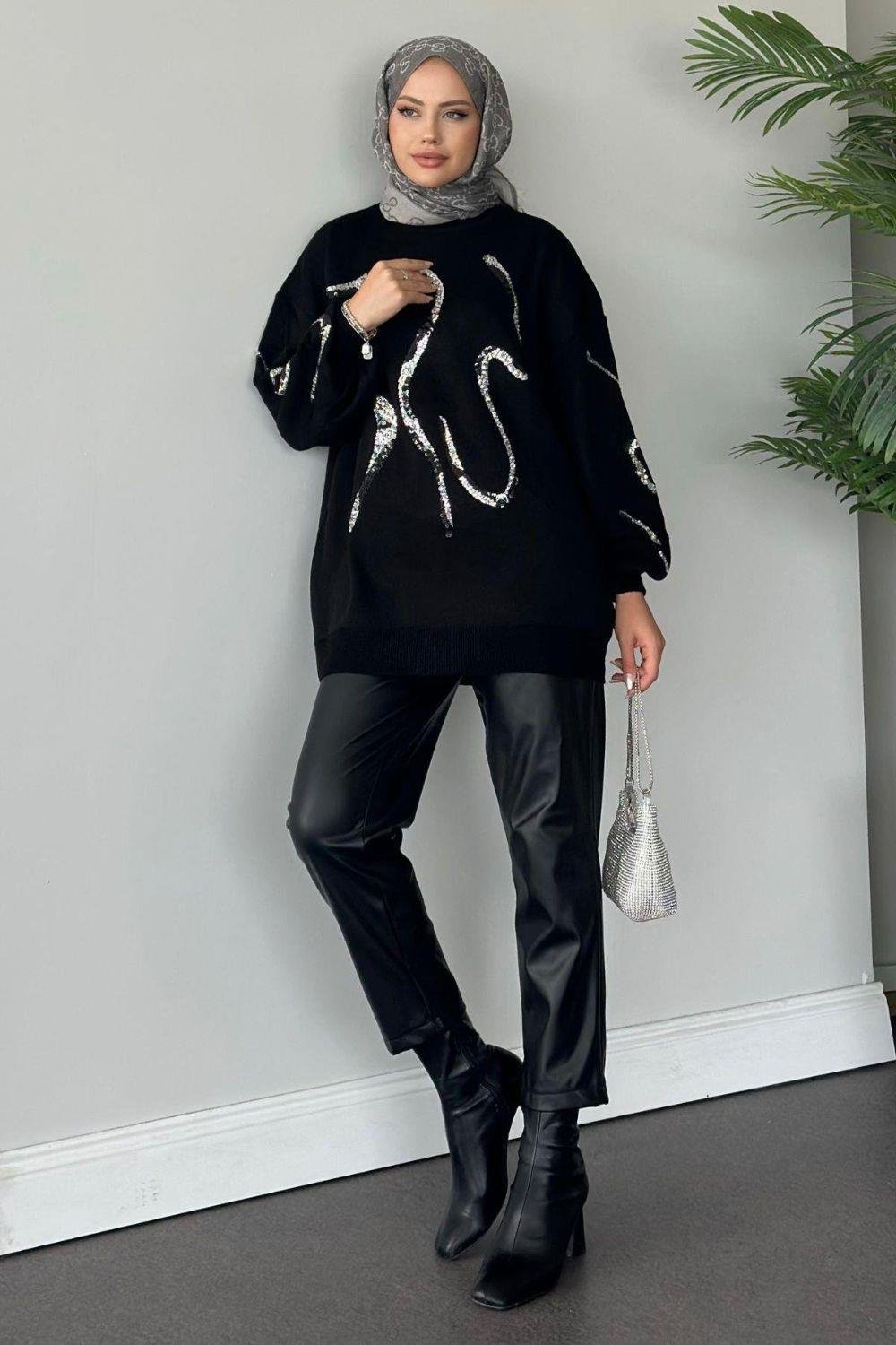 Pullu Triko Kazak Siyah 24370 