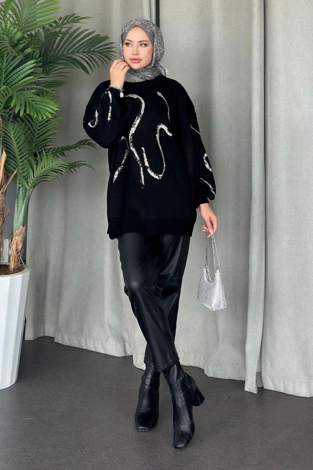 Pullu Triko Kazak Siyah 24370 