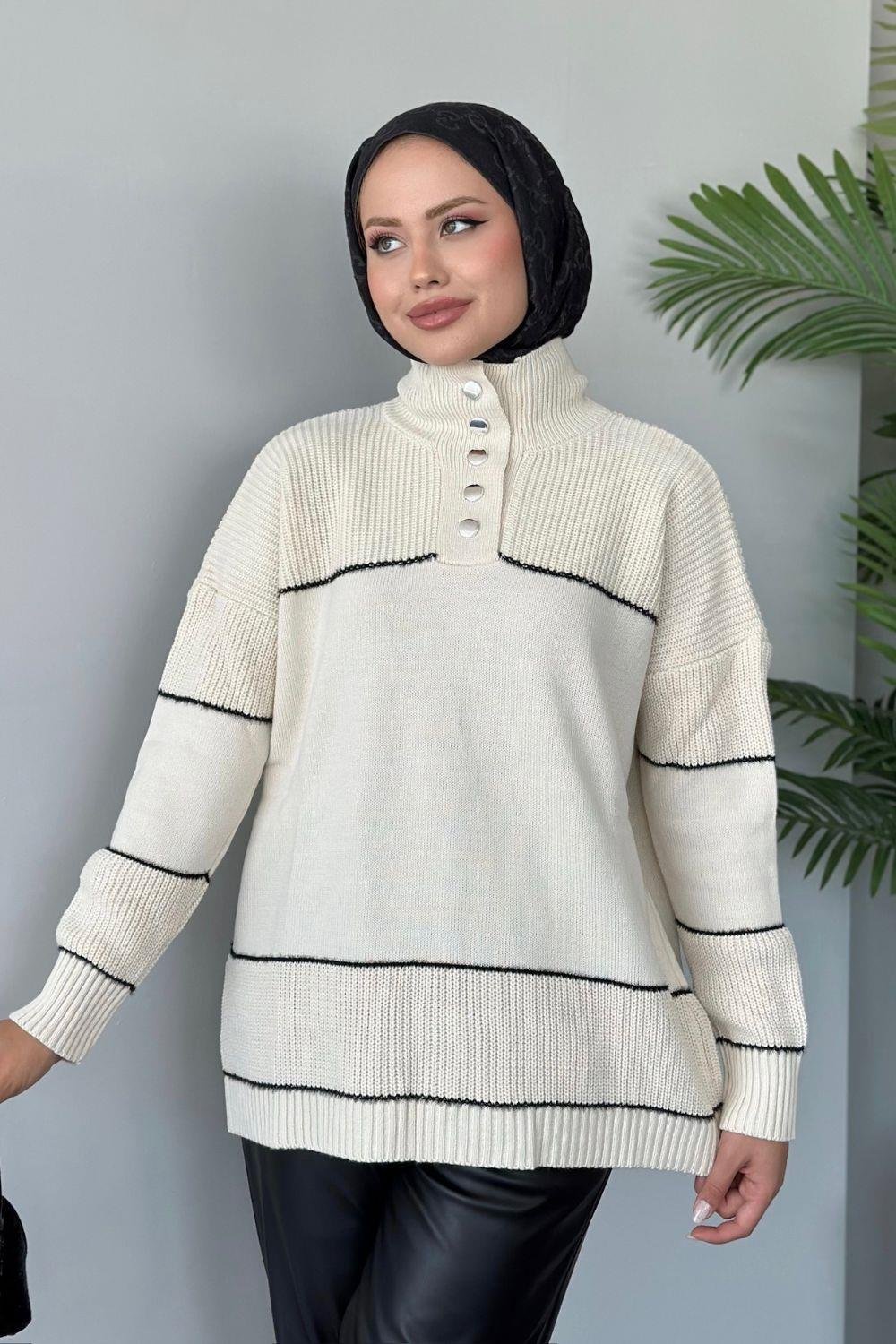 Önden Düğmeli Örme Triko Ekru 24430 