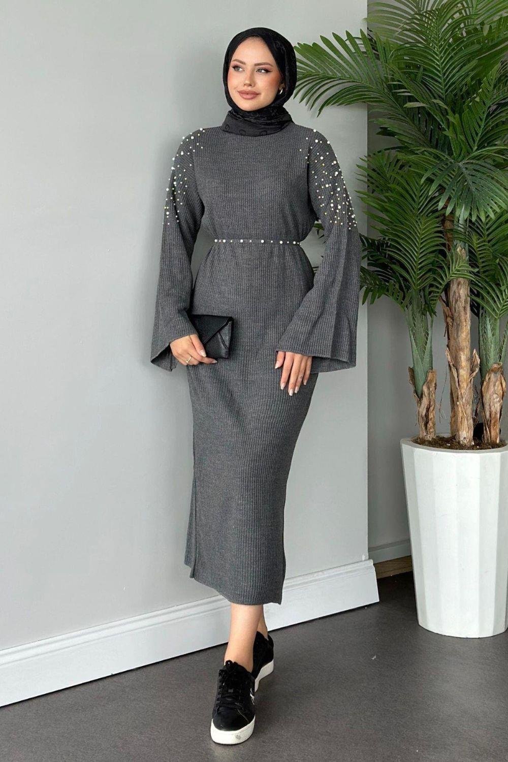 Omuzu İncili Triko Elbise Gri 2450 