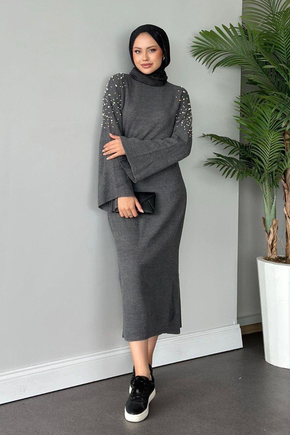Omuzu İncili Triko Elbise Gri 2450 