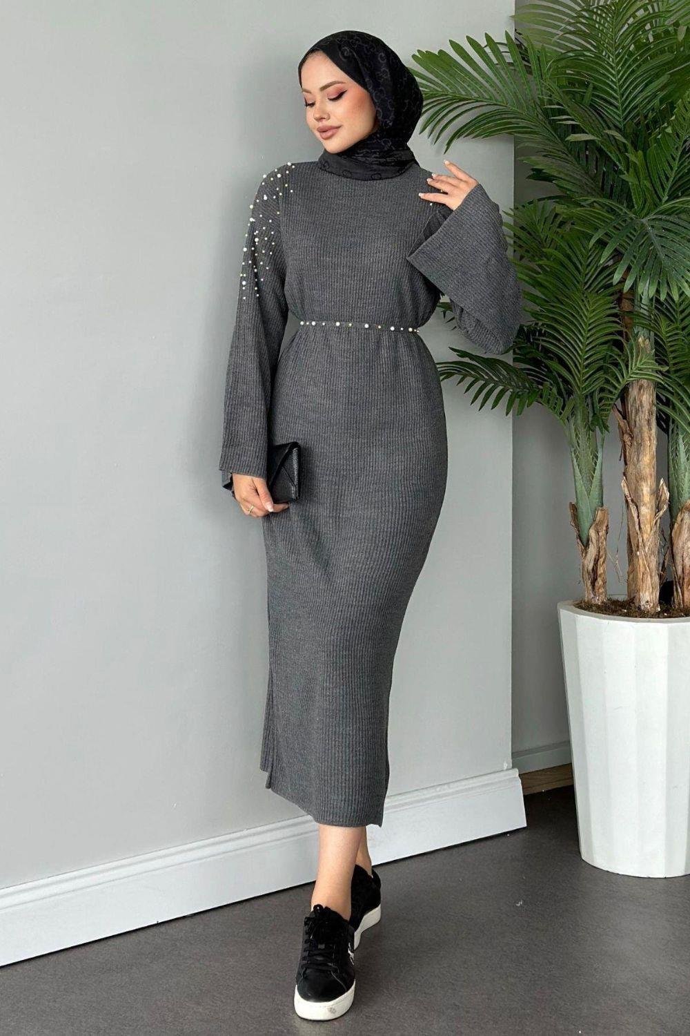 Omuzu İncili Triko Elbise Gri 2450 