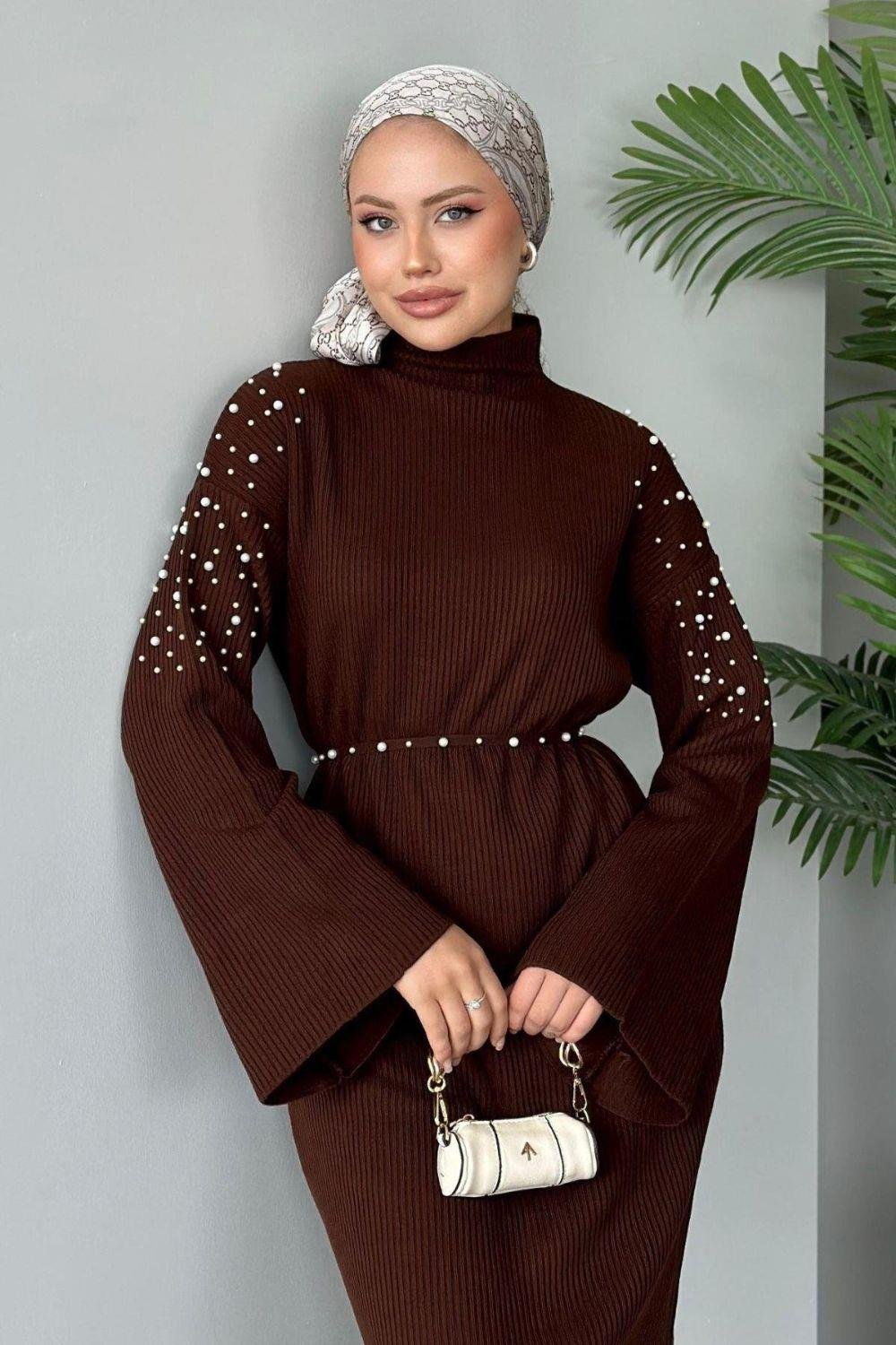 Omuzu İncili Triko Elbise Kahverengi 2450 