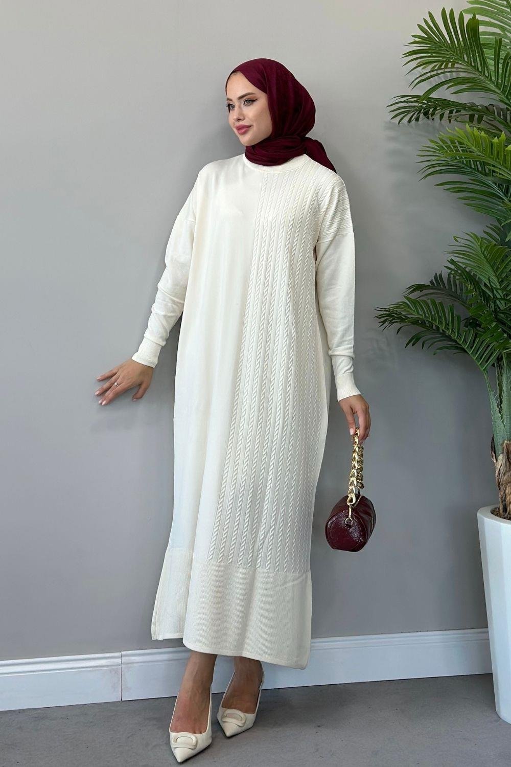 Eyşan Saç Örgülü Elbise Ekru 24520 