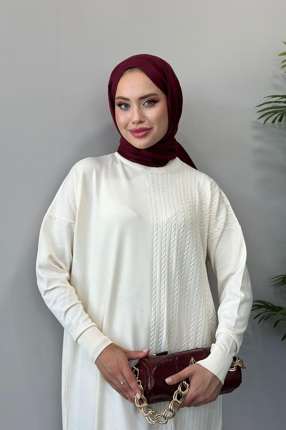 Eyşan Saç Örgülü Elbise Ekru 24520 