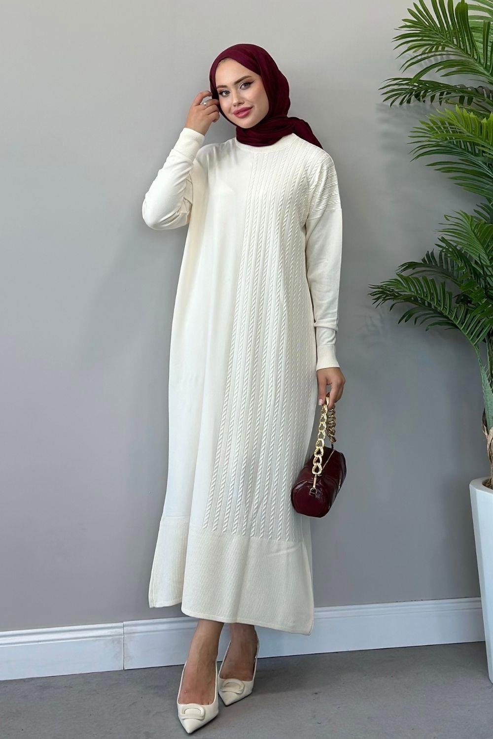 Eyşan Saç Örgülü Elbise Ekru 24520 