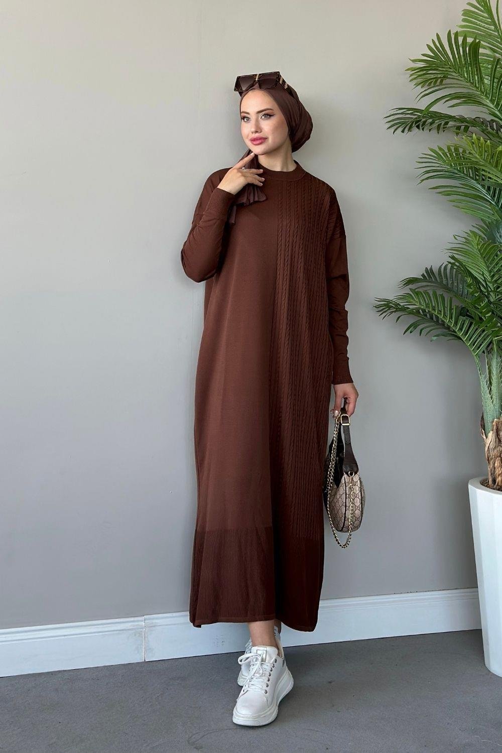 Eyşan Saç Örgülü Elbise Kahverengi 24520 