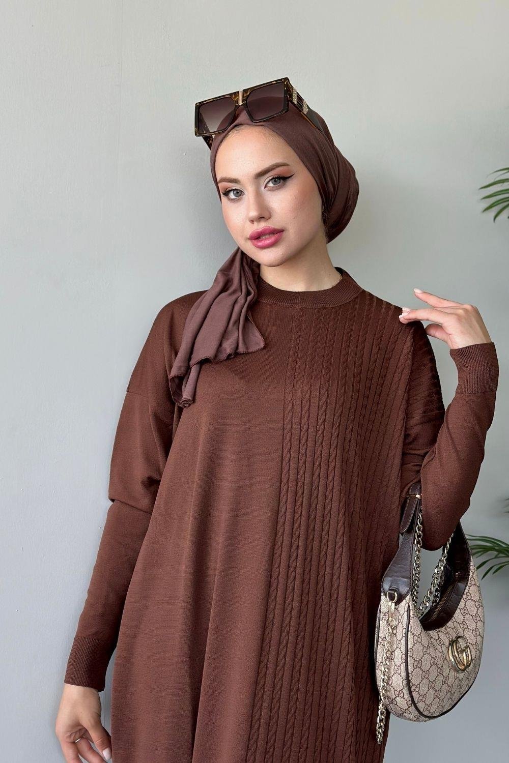 Eyşan Saç Örgülü Elbise Kahverengi 24520 