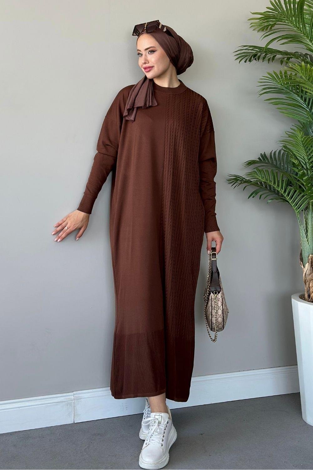 Eyşan Saç Örgülü Elbise Kahverengi 24520 