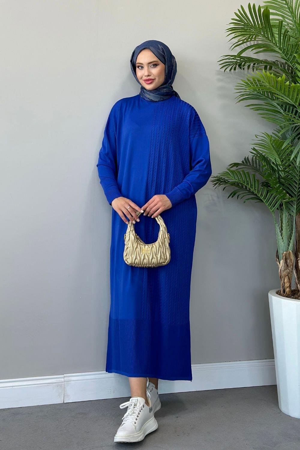 Eyşan Saç Örgülü Elbise Saks 24520 