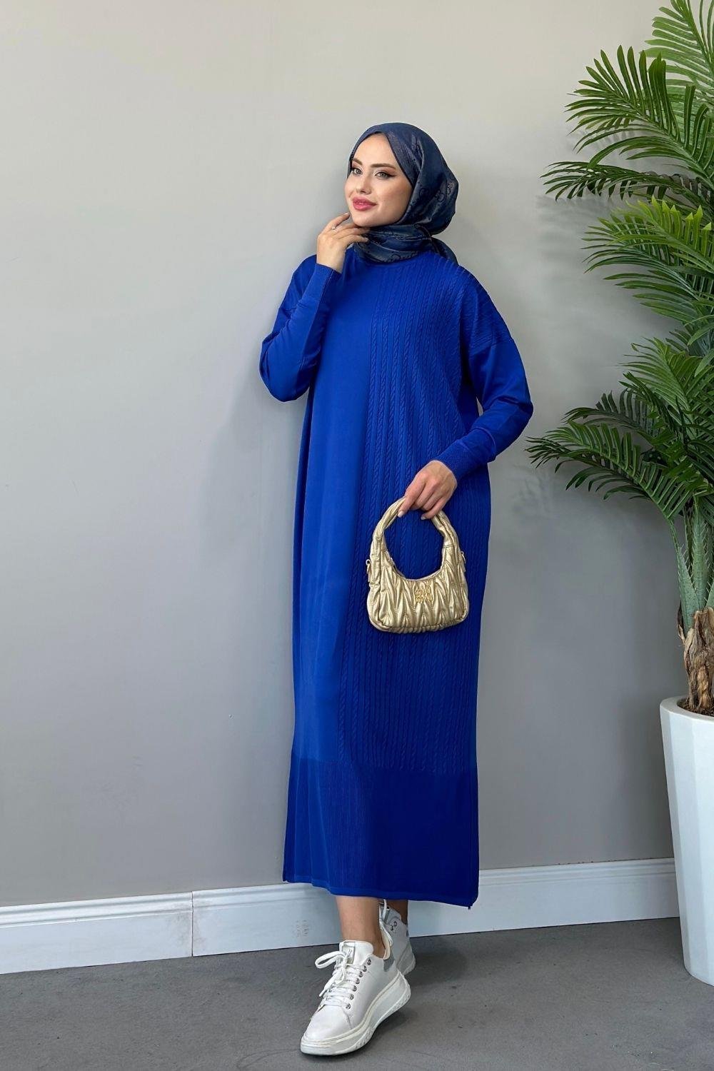 Eyşan Saç Örgülü Elbise Saks 24520 