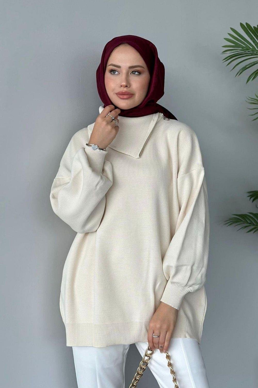 Asya Fermuarlı Kazak Ekru 24610 