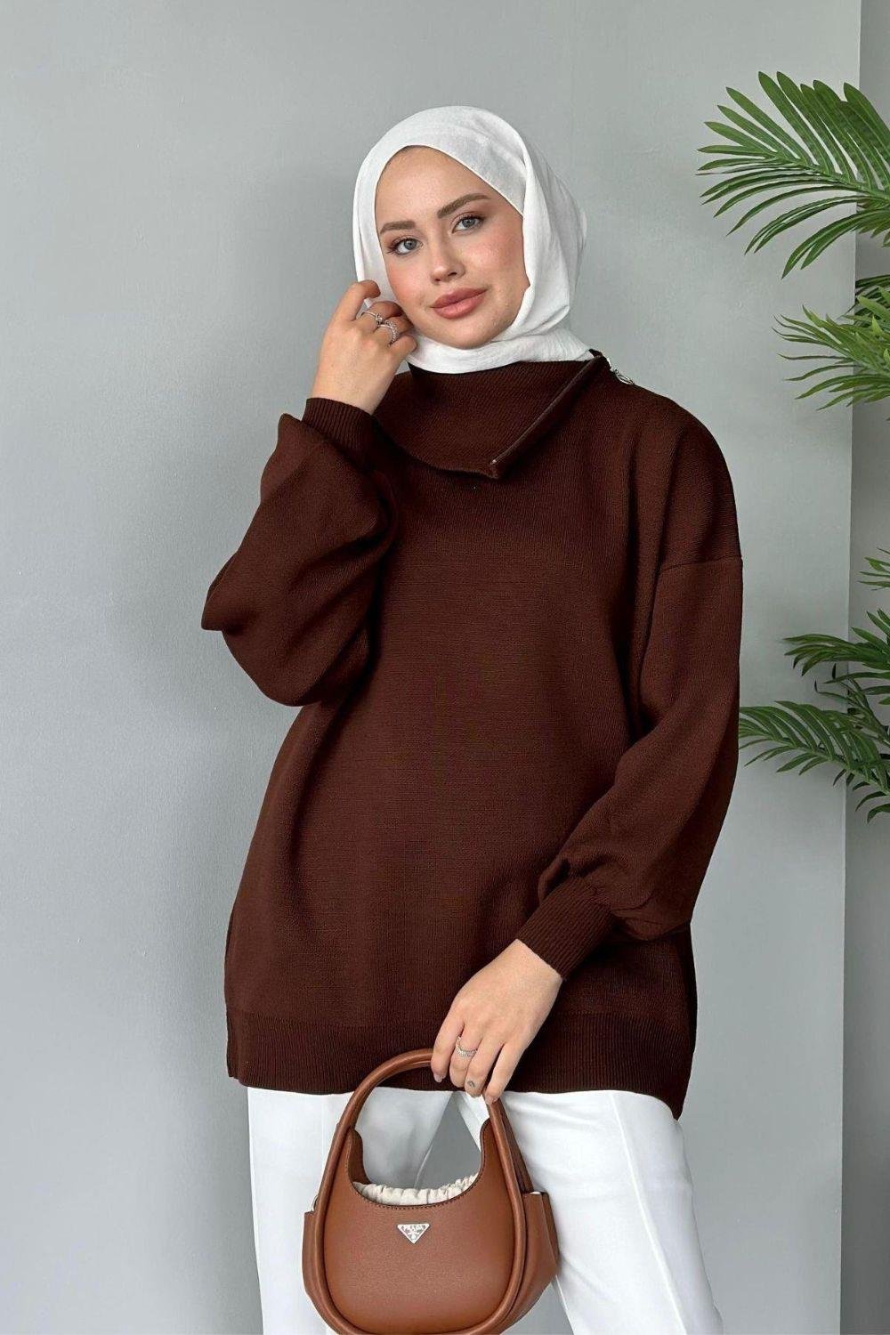 Asya Fermuarlı Kazak Kahverengi 24610 