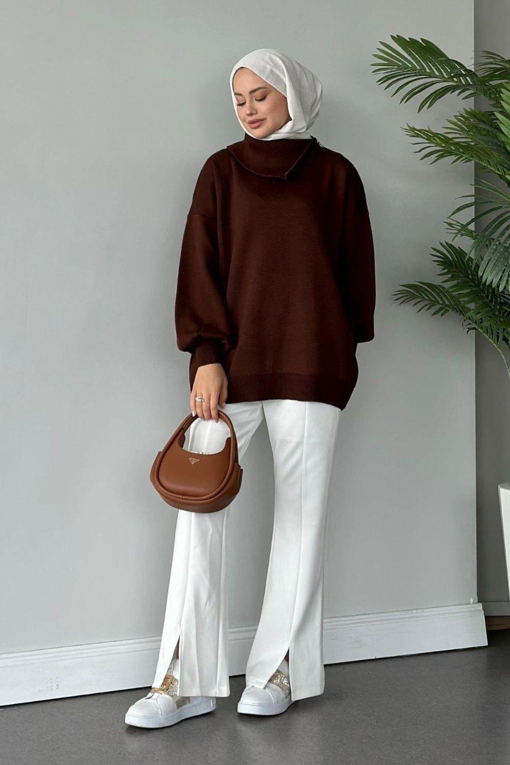 Asya Fermuarlı Kazak Kahverengi 24610 