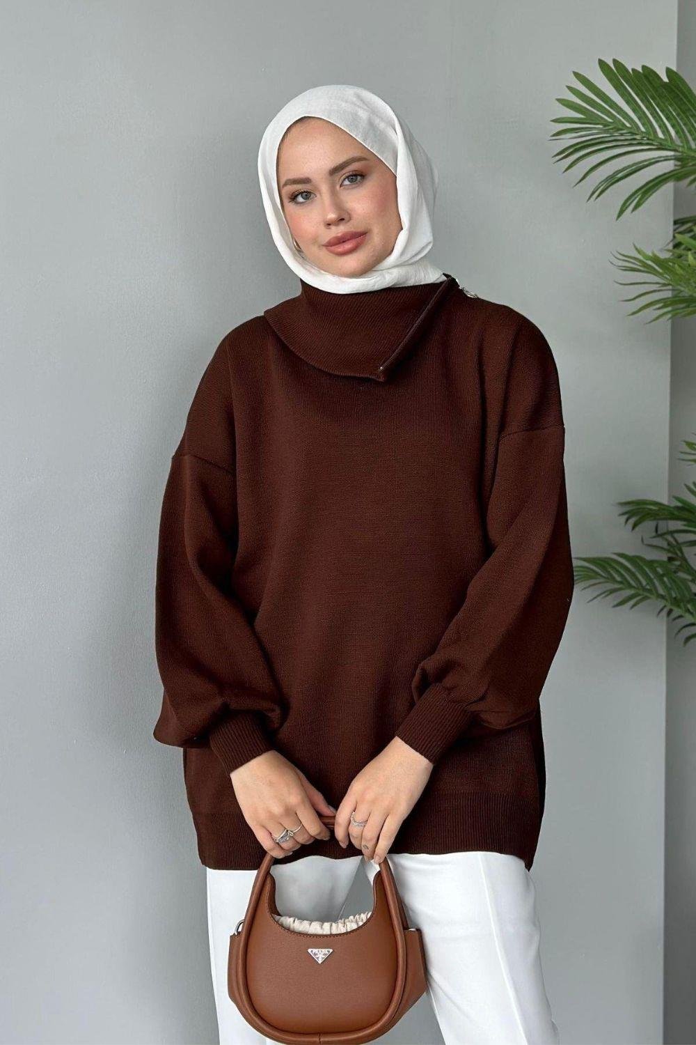 Asya Fermuarlı Kazak Kahverengi 24610 