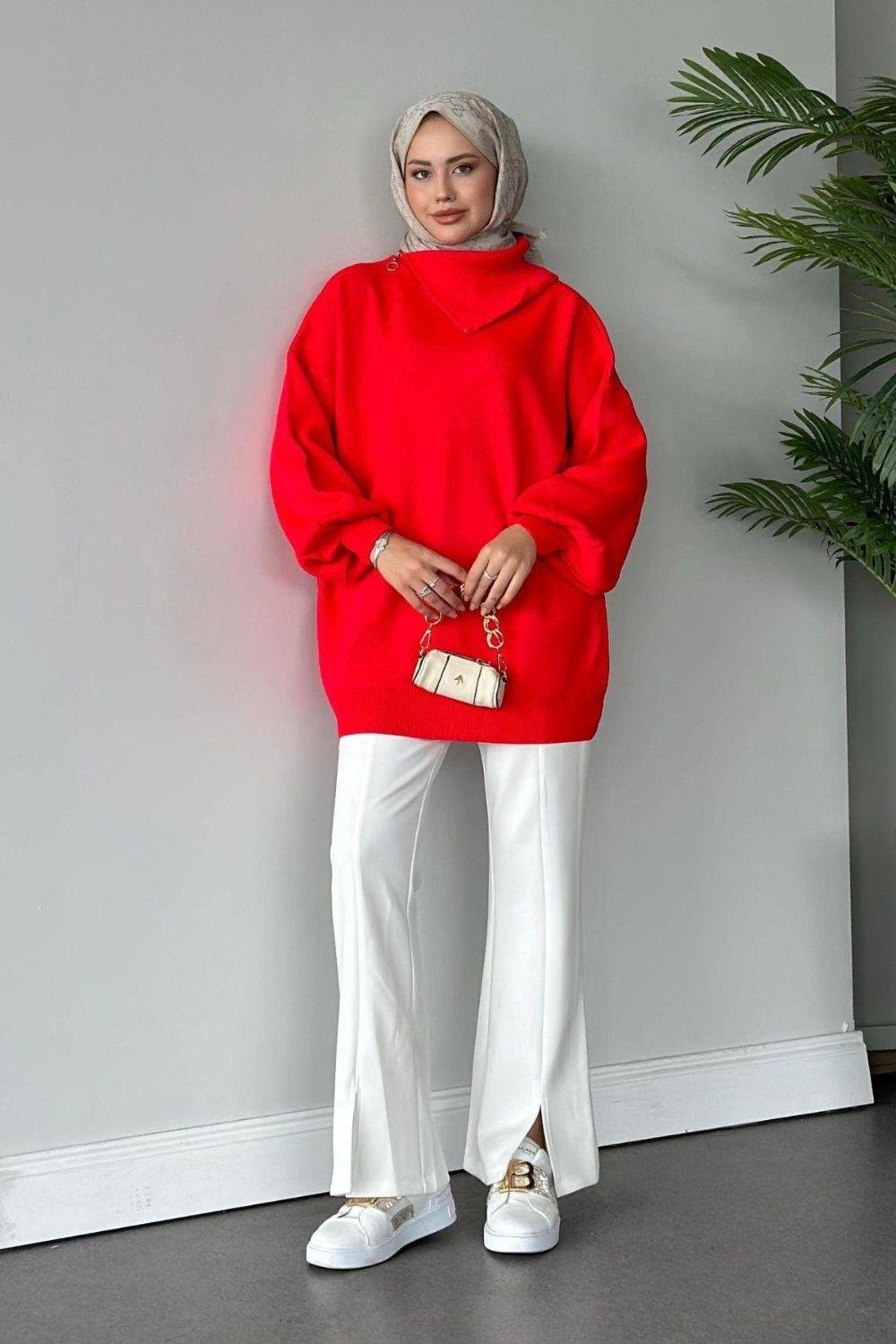 Asya Fermuarlı Kazak Kırmızı 24610 