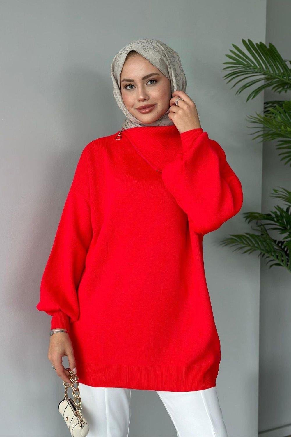 Asya Fermuarlı Kazak Kırmızı 24610 