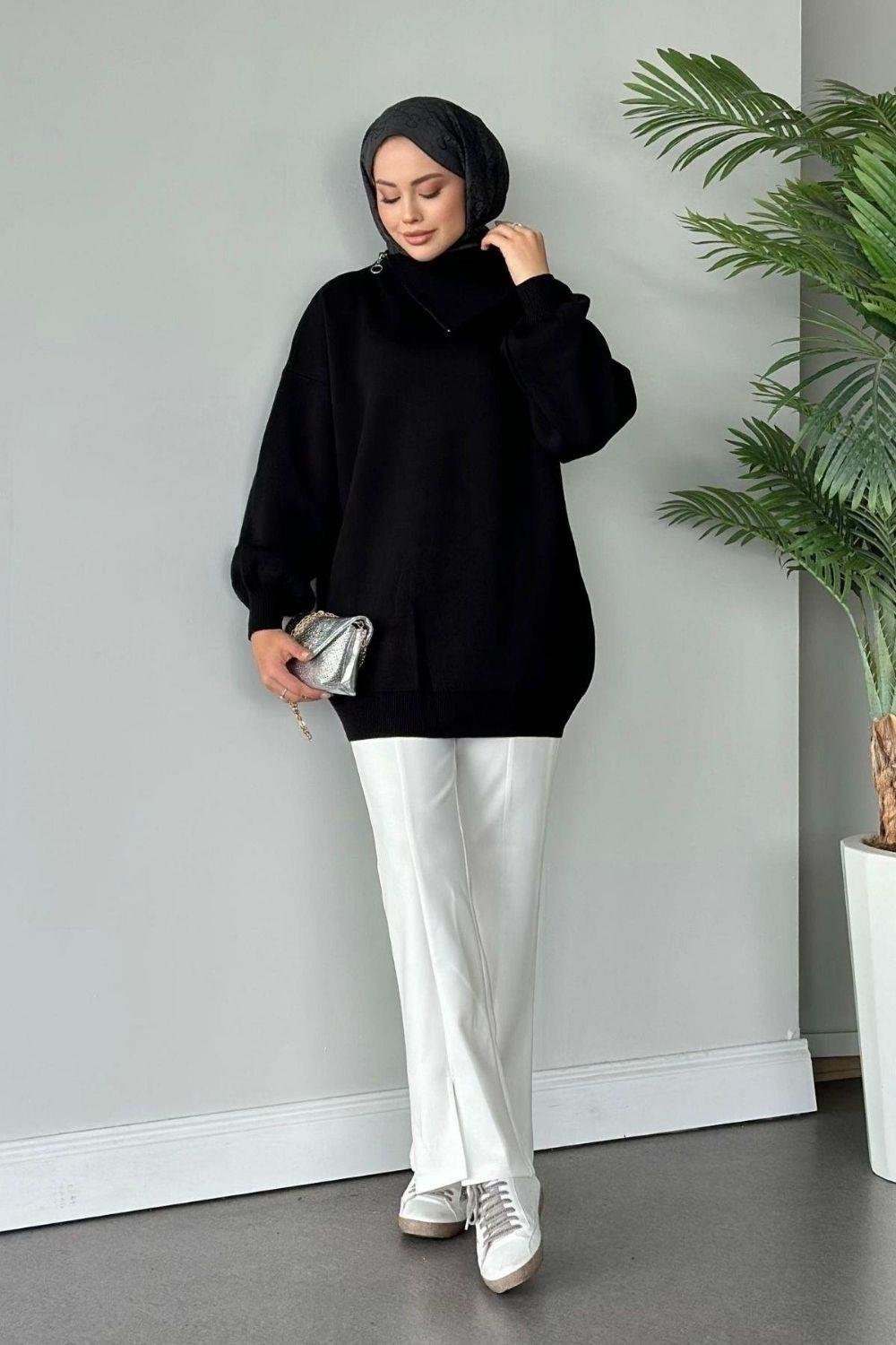 Asya Fermuarlı Kazak Siyah 24610 