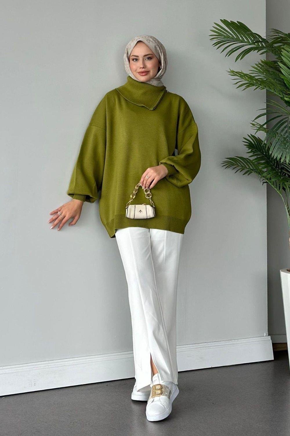 Asya Fermuarlı Kazak Yağ Yeşili 24610 