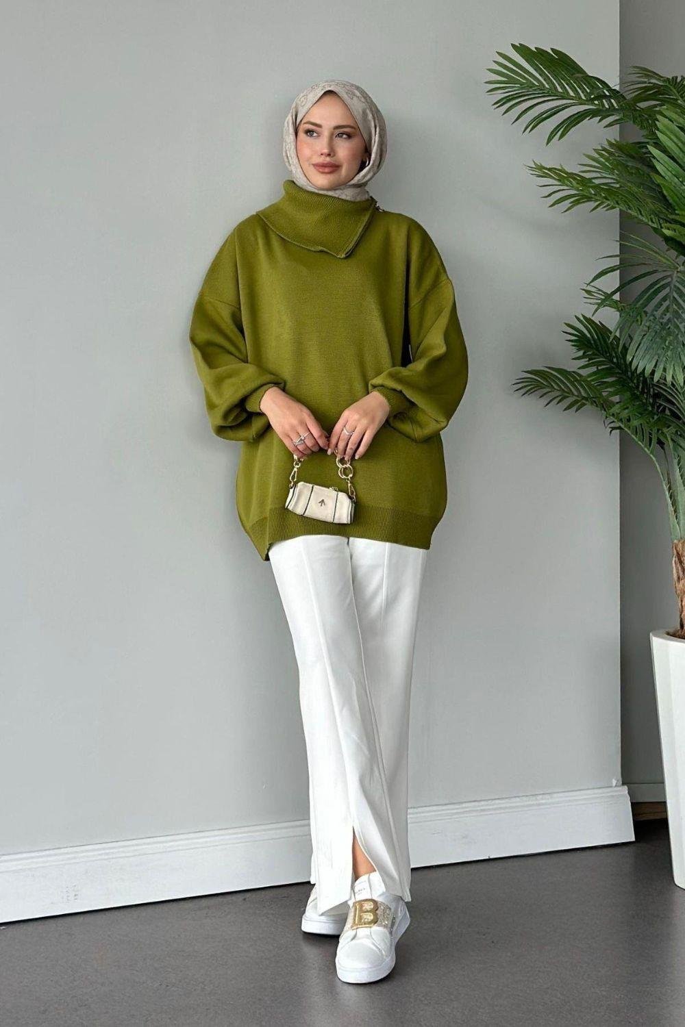 Asya Fermuarlı Kazak Yağ Yeşili 24610 