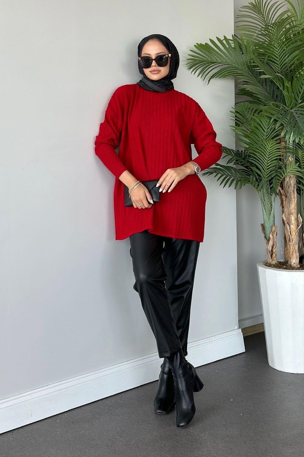 Fitilli Çizgili Triko Tunik Bordo 24620 