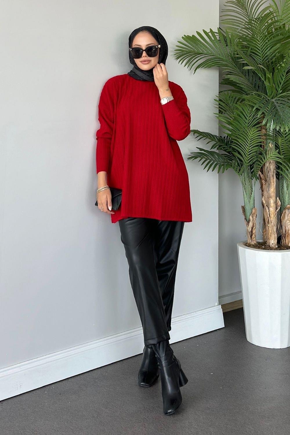 Fitilli Çizgili Triko Tunik Bordo 24620 