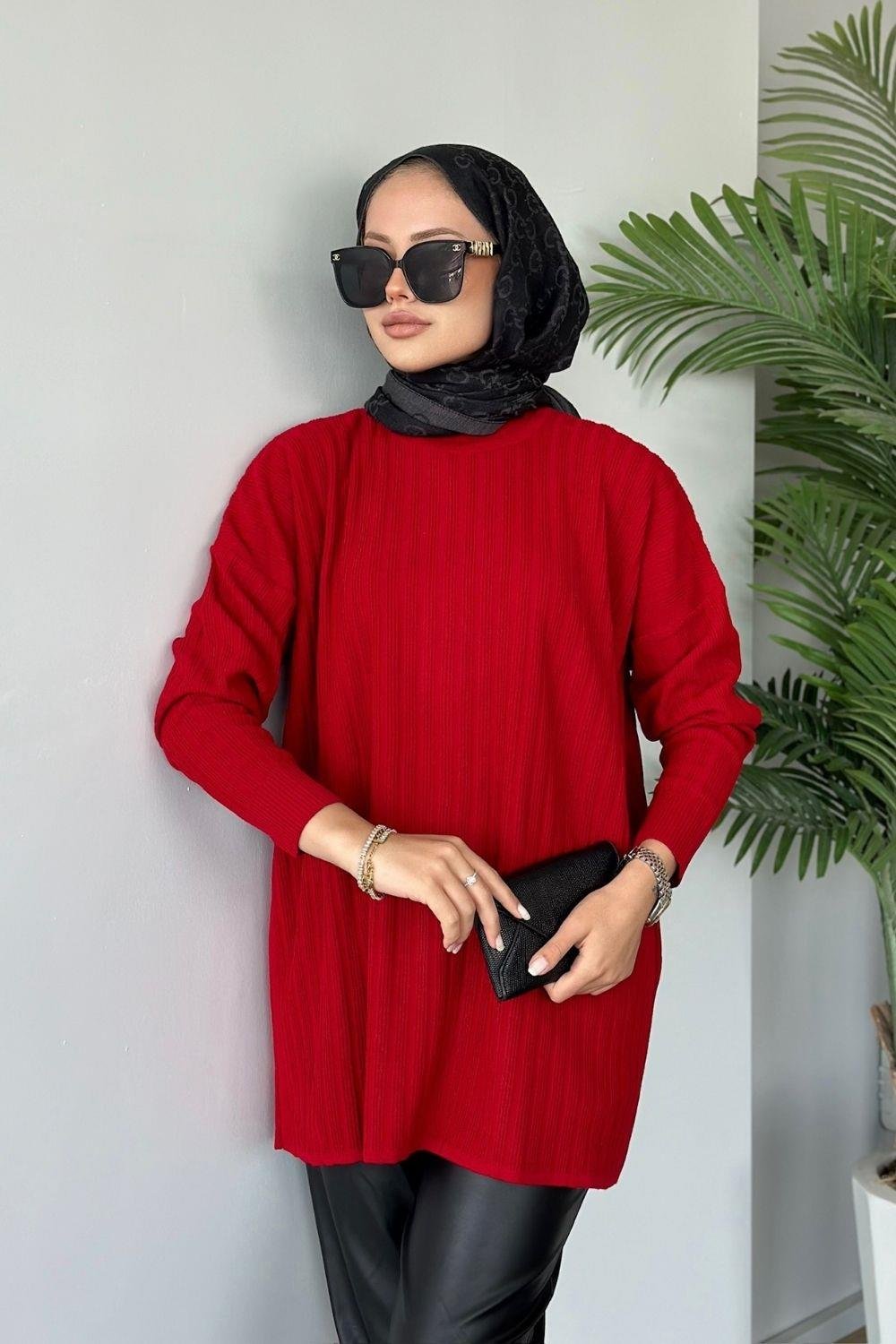 Fitilli Çizgili Triko Tunik Bordo 24620 