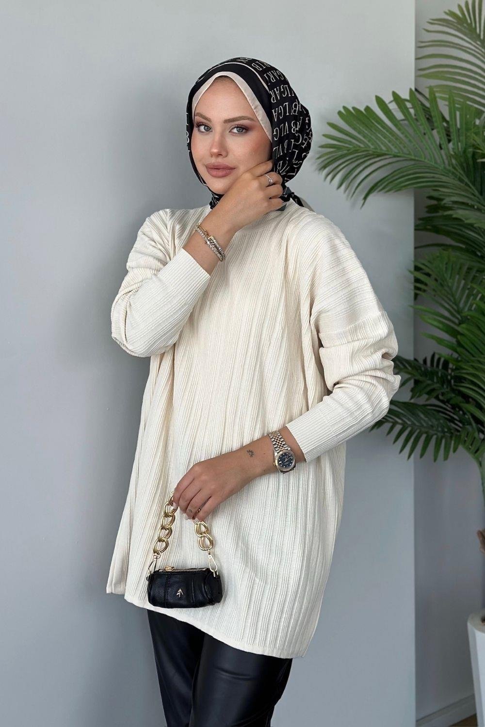 Fitilli Çizgili Triko Tunik Ekru 24620 