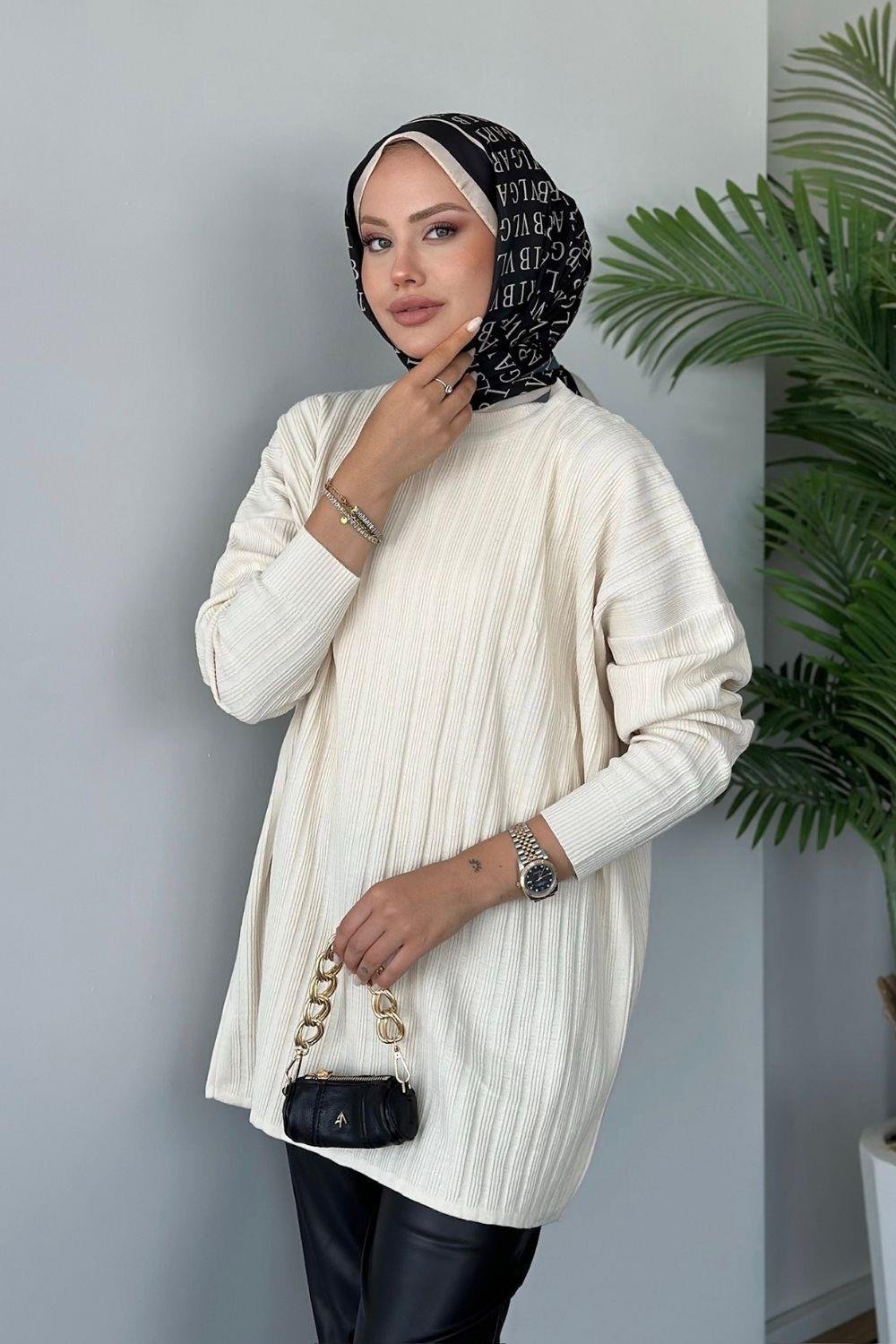 Fitilli Çizgili Triko Tunik Ekru 24620 