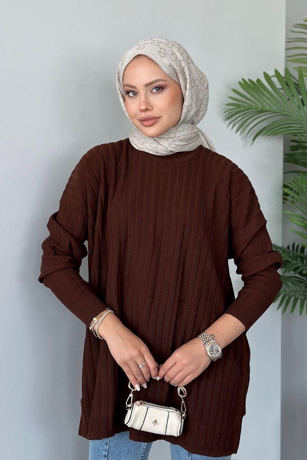 Fitilli Çizgili Triko Tunik Kahverengi 24620 