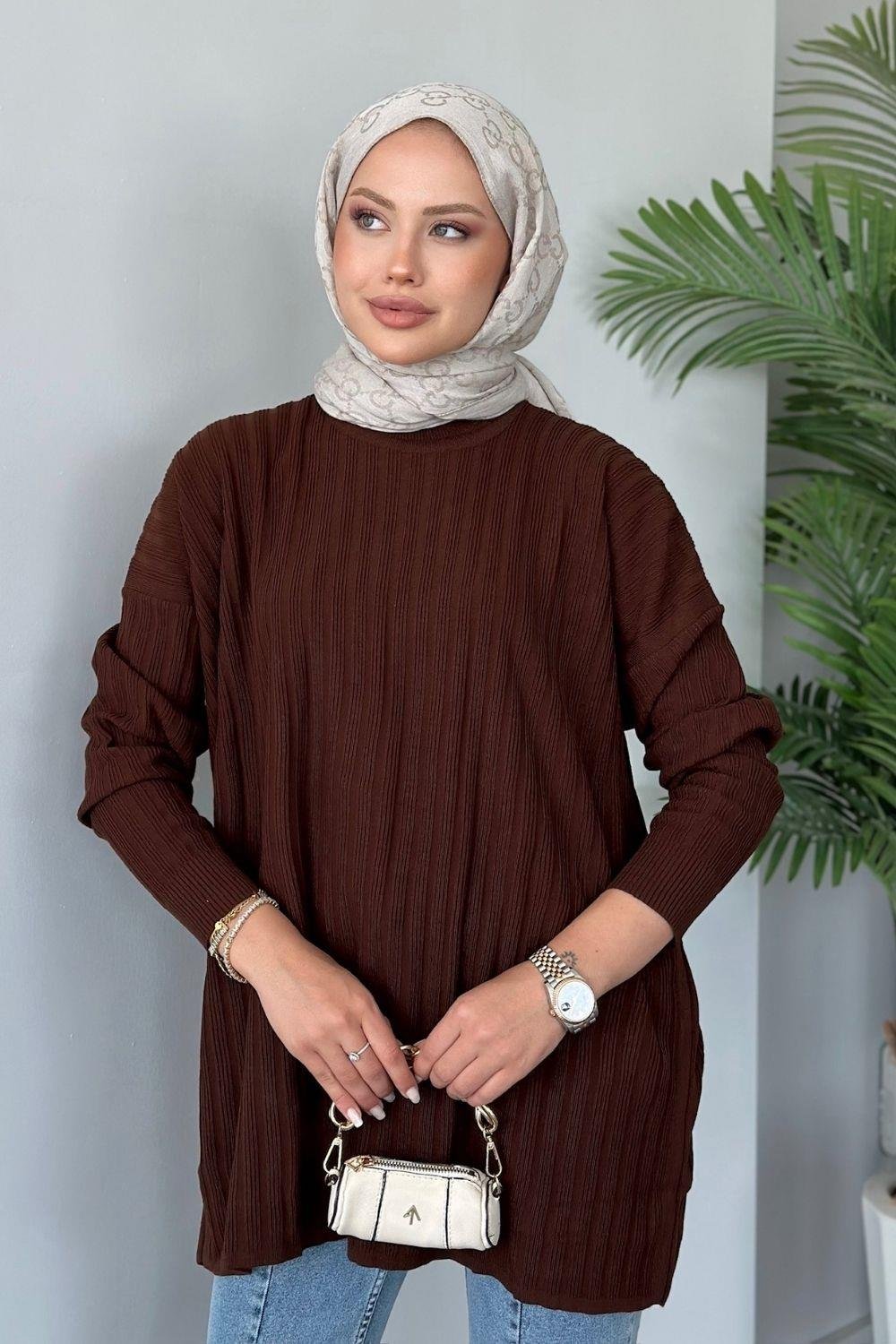 Fitilli Çizgili Triko Tunik Kahverengi 24620 