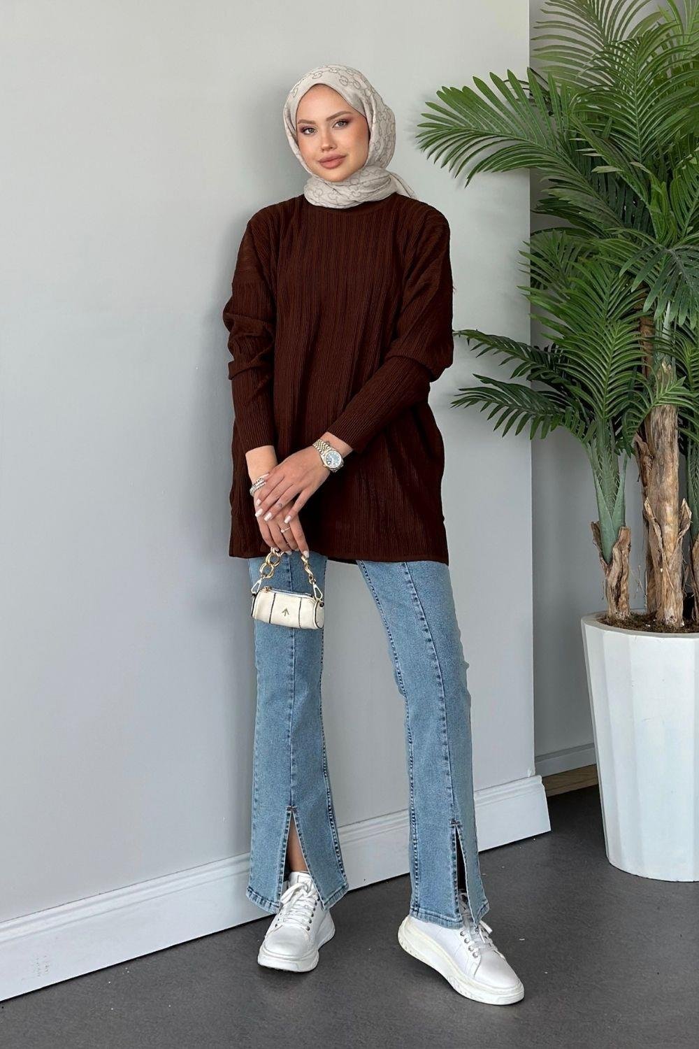 Fitilli Çizgili Triko Tunik Kahverengi 24620 