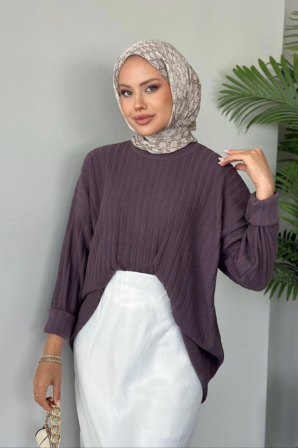 Fitilli Çizgili Triko Tunik Mürdüm 24620 