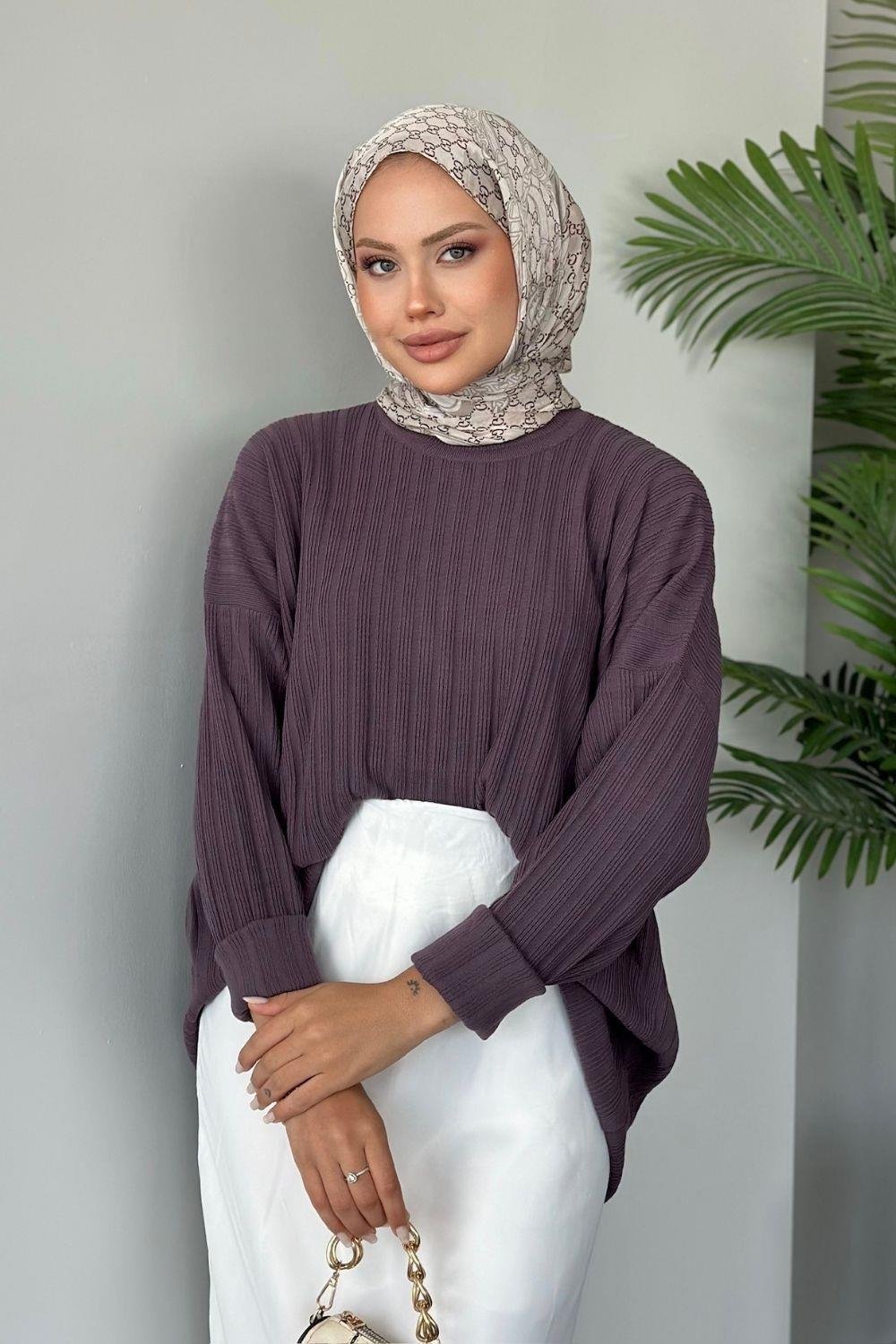 Fitilli Çizgili Triko Tunik Mürdüm 24620 