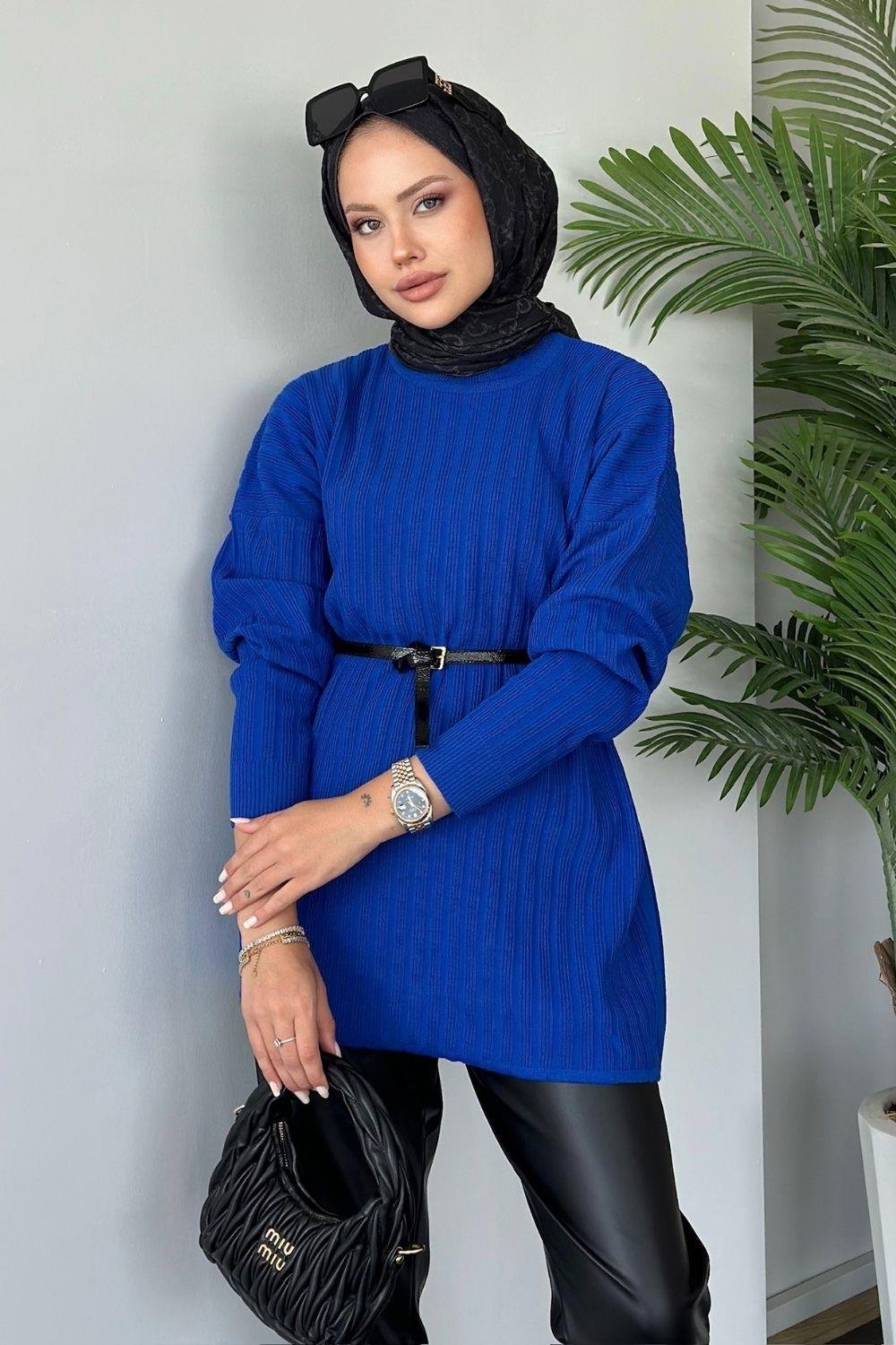 Fitilli Çizgili Triko Tunik Saks 24620 