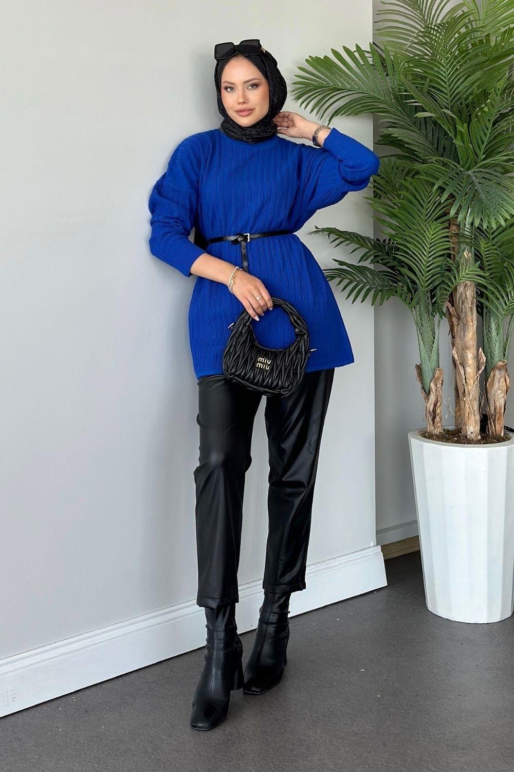 Fitilli Çizgili Triko Tunik Saks 24620 