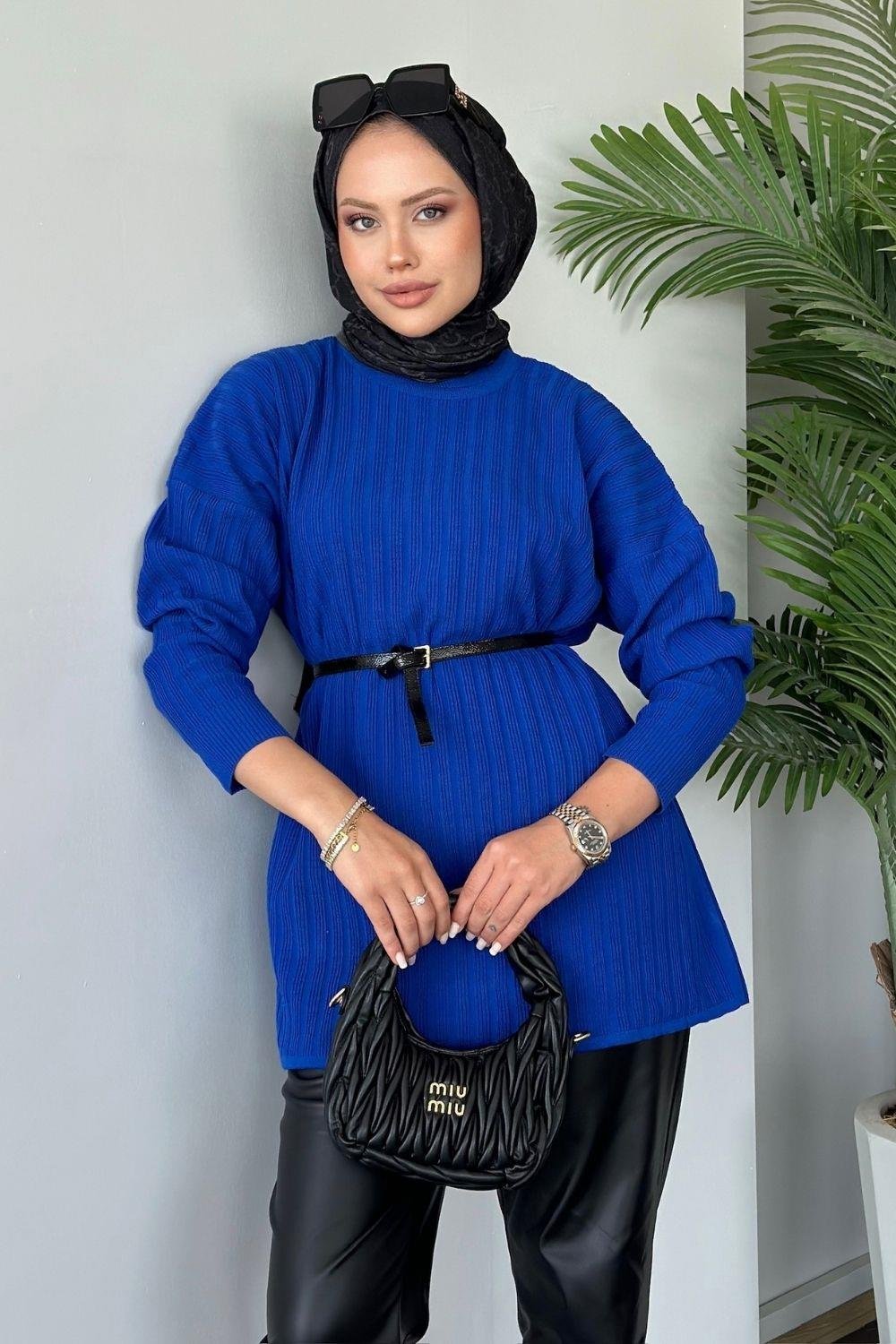 Fitilli Çizgili Triko Tunik Saks 24620 