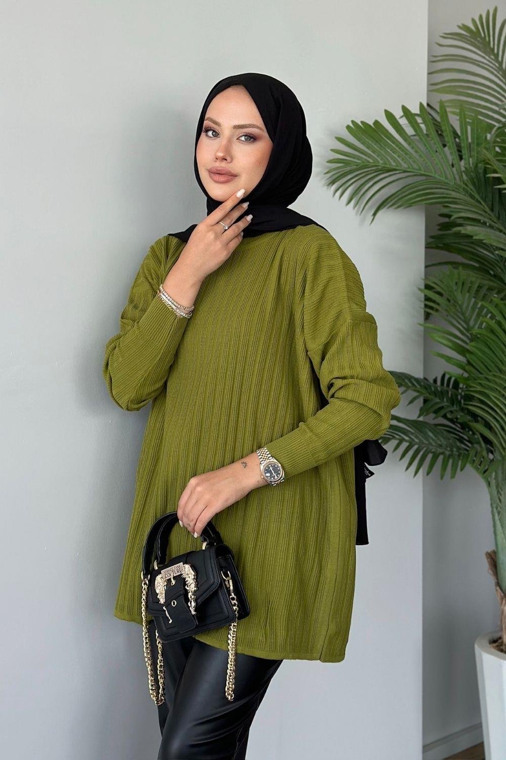 Fitilli Çizgili Triko Tunik Yağ Yeşili 24620 