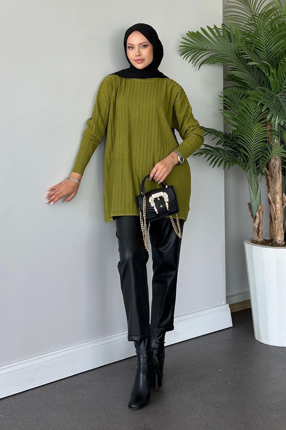 Fitilli Çizgili Triko Tunik Yağ Yeşili 24620 