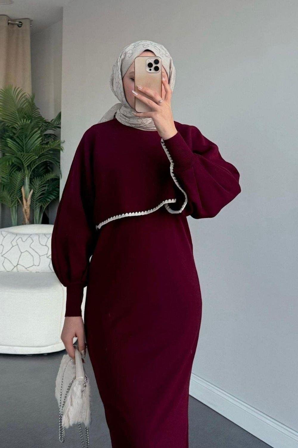 Crop Görünümlü Triko Elbise Bordo 24680 