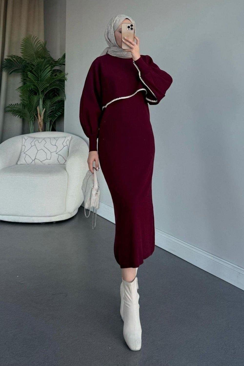 Crop Görünümlü Triko Elbise Bordo 24680 