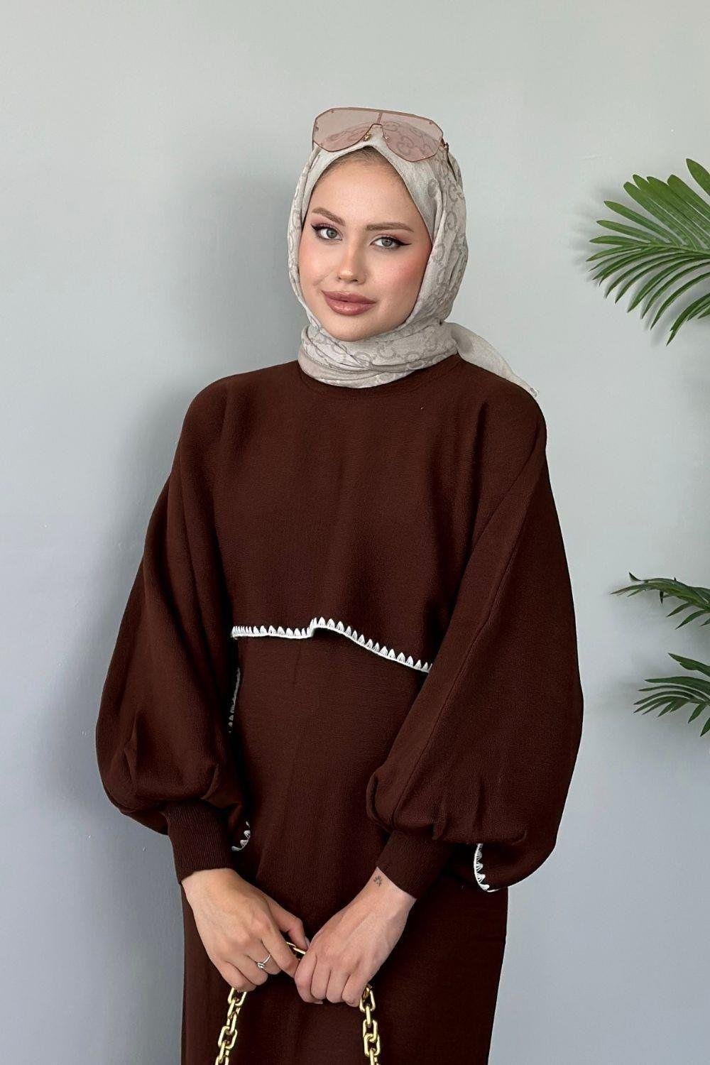 Crop Görünümlü Triko Elbise Kahverengi 24680 