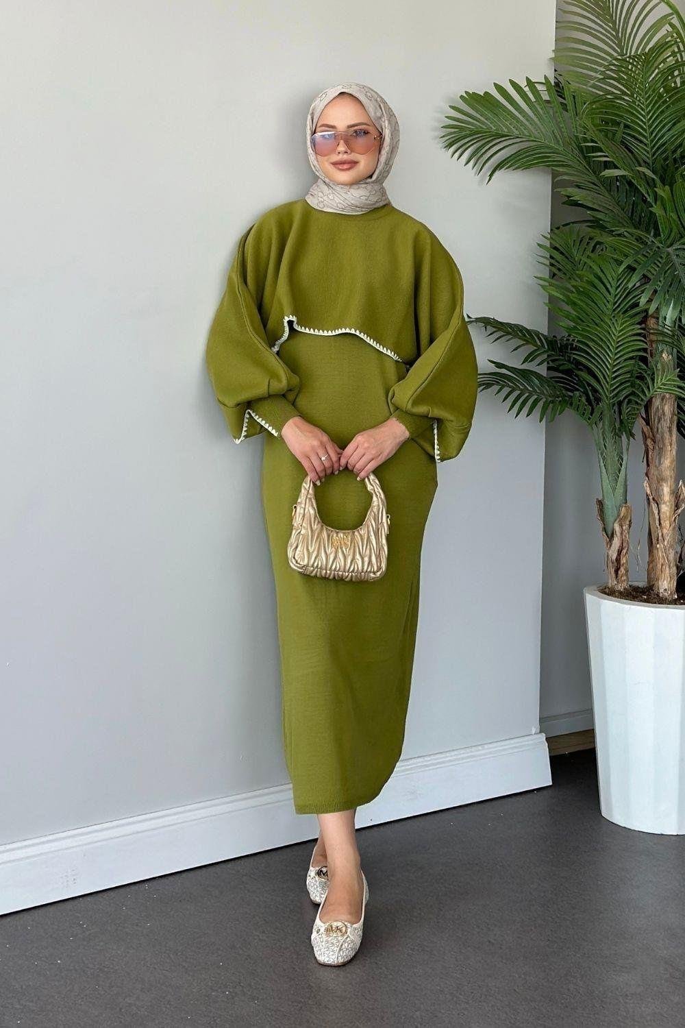Crop Görünümlü Triko Elbise Yağ Yeşili 24680 